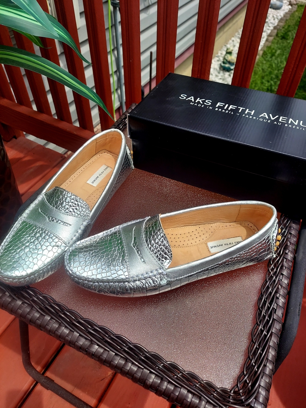 Saks Fifth Avenue Silver Croc-Embossed Leather Slip-On Loafers